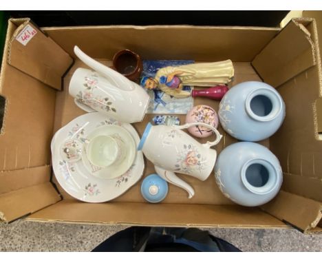 A collection of ceramic items to include Paragon cup and saucer, Royal Grafton coffee pot, a pair of Copeland Spode light blu