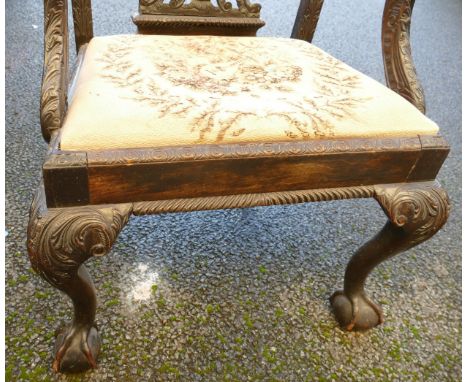 Antique Chippendale style carved walnut armchair - treated woodworm noted. 