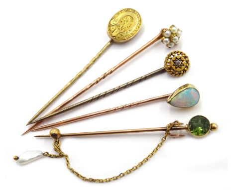 Five stick pins, mother of pearl cluster, tear drop opal, peridot and pearl, diamond set and gold terminals Condition Report 