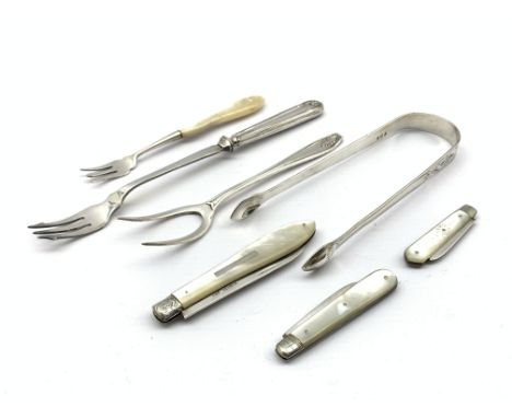 Victorian silver bladed and mother of pearl fruit knife Sheffield 1893, two smaller knives 1901and 1903, pair of George III s