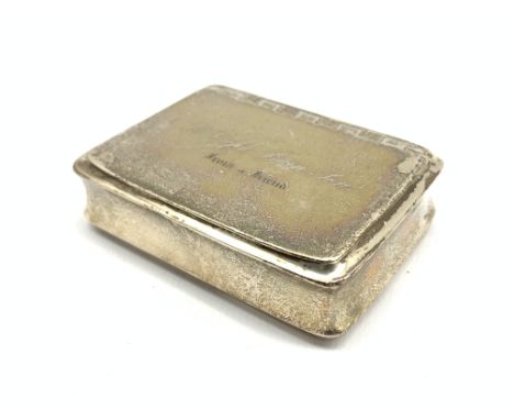 George III Scottish silver snuff box of rectangular design with rounded corners and gilt interior bearing a presentation insc