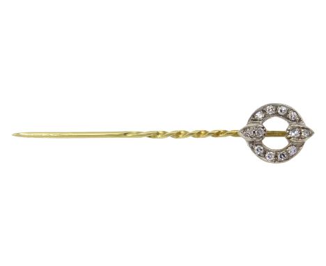 Cartier: early 20th century gold stick pin with diamond terminal,  terminal diameter 9mm, signed Cartier and inventory number