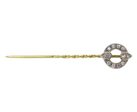 Cartier: early 20th century gold stick pin with diamond terminal,  terminal diameter 9mm, signed Cartier and inventory number