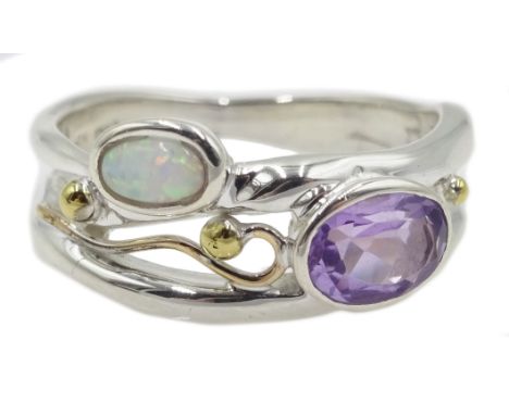 Silver and 14ct gold wire amethyst and opal ring, stamped 925 Condition Report & Further Details Size P - QClick here for fur