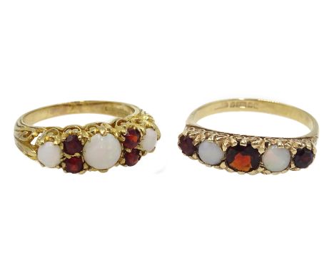 Two 9ct gold opal and garnet rings, hallmarked  Condition Report & Further Details Approx 6.06gm gross, Size Q-R & M-NClick h