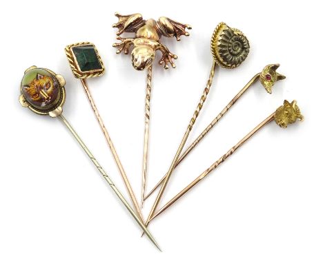 Six stick pins, reverse painted fox, ammonite, bloodstone, frog set with diamond eyes, fox and bull heads terminals Condition