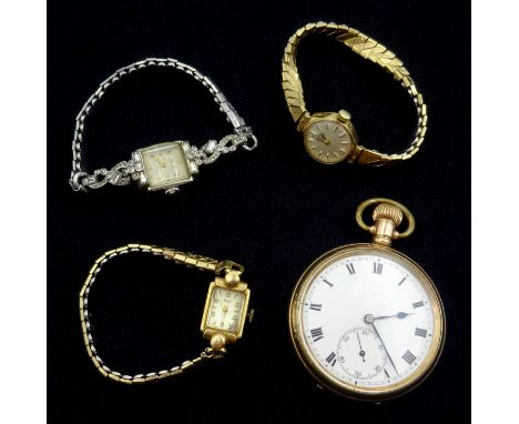 Swiss gold-plated pocket watch case by Dennison, two Rotary 9ct gold ladies wristwatches manual wind hallmarked both on gold-