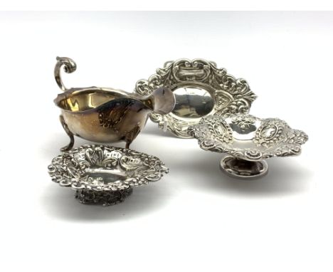 Victorian silver heart shape sweetmeat dish London 1894, two later silver sweetmeat dishes and a silver sauce boat Sheffield 