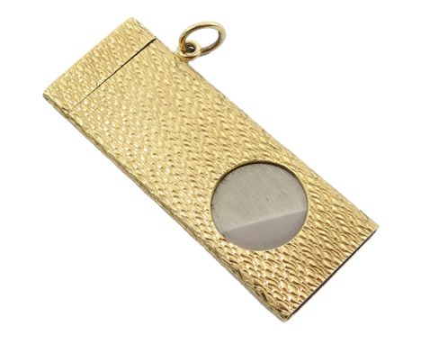 9ct gold and stainless steel rectangular cigar cutter with engine turned decoration and hanging loop by  London 1963, K W Lon