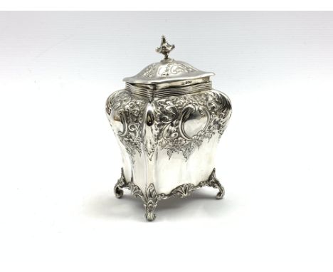 Edwardian silver tea caddy of bombe form with embossed decoration on scroll feet H15cm Sheffield 1905 Maker Lee and Wigfull 9
