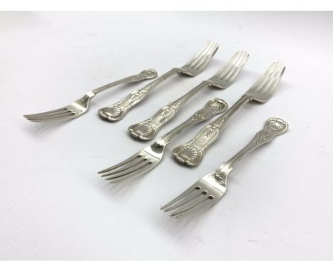 Three Victorian silver Kings pattern table forks London 1855, pair of matching dessert forks and one other Kings pattern silv