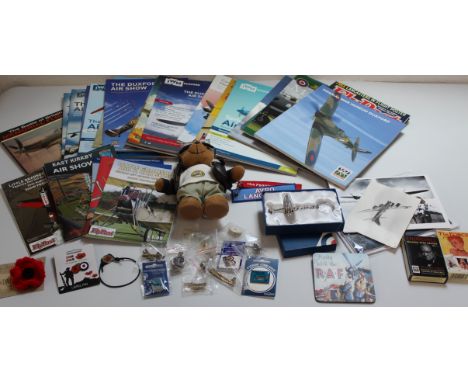 Selection of aviation memorabilia including, show programs, postcards, playing cards, pin badges, key rings, poppies, teddy e
