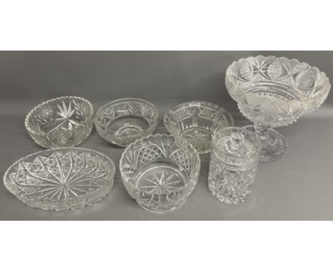 Large cut glass stemmed fruit bowl, 5 crystal bowls &amp; a biscuit barrel
