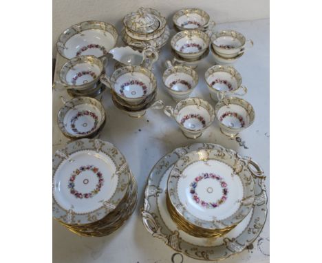 19th century Davenport part tea set with floral and gilt decoration, including 2 large plates, 10 saucers, 12 side plates, 6 