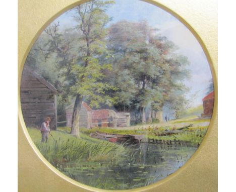 Charles Harmony Harrison 1879 framed and glazed oil painting showing gentleman fishing at a lake - approx. 40.5cm x 40.5cm