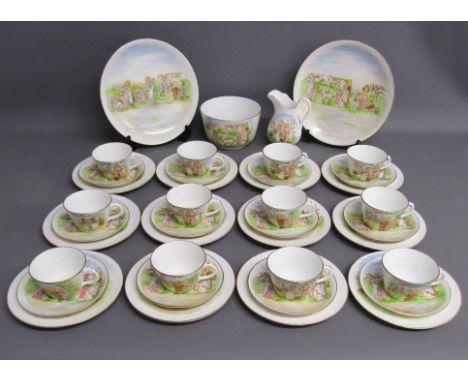Tea set painted with Kate Greenaway style design of Victorian children playing on a farm includes cups, saucers, side plates,