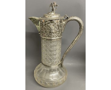 Victorian Charles Boyton London 1892 silver mounted claret jug on a hobnail cut glass body on a bulbous base with lion &amp; 