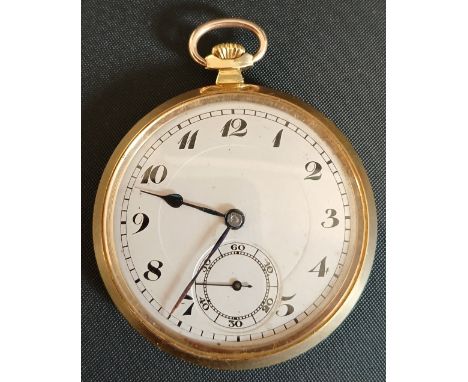 18ct gold open face keyless pocket watch with seconds dial, inside case back hallmarked 18ct Birmingham 1926 ALD (Aaron Lufki