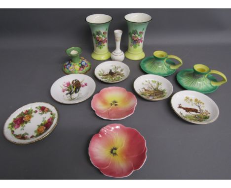 Pair yellow and green drip Shelley candlesticks, Tuscan flower candlestick, vases, trinket dishes includes Old Country Roses,