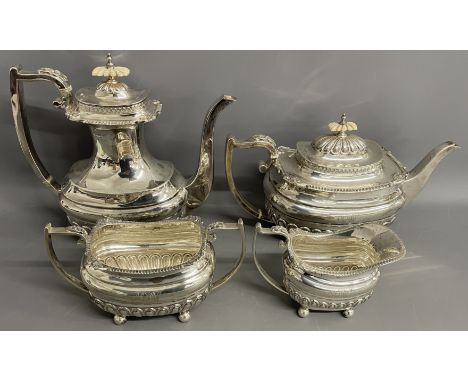 Four piece tea &amp; coffee set comprising tea &amp; coffee pots, milk jug &amp; sugar bowl. Walker &amp; Hall Sheffield 1914