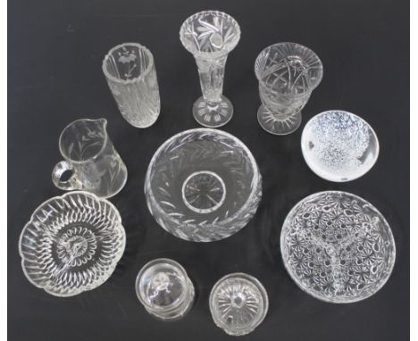 Selection of glassware, 3 x cut glass vases, glass trifle bowl 20cm, 2 glass sectional party dishes, 2 x cut glass marmalade 