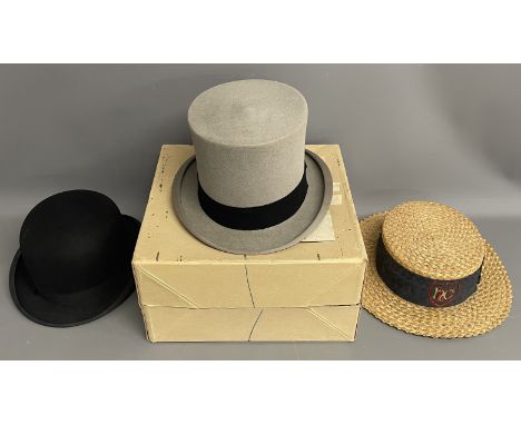 Moss Bros top hat with box, Dunn &amp; Co. bowler hat &amp; a period straw boater&nbsp;