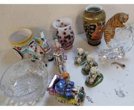 Mixed selection of ceramic figurines, vases, crystal glass bowl, Satsuma style vase 22cm and a hand blown purple glass spatte