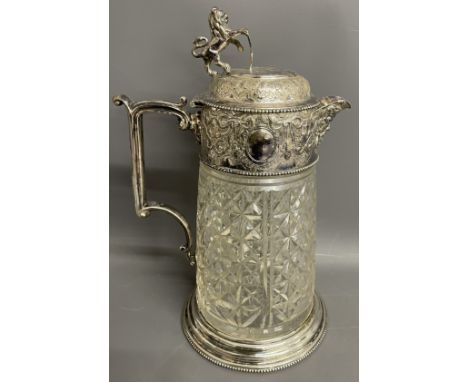 Large Victorian William &amp; George Sissons Sheffield 1876 silver mounted cut glass claret jug with lion &amp; shield thumb 
