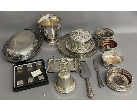 Large quantity of silver plate including a butter dish, entree dish, ink wells etc &amp; a silver handled cake slice &amp; kn