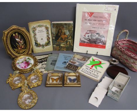 2 taxidermy small framed butterflies, cookery books include The ABC of fish cooking, Cookery in Southern Africa, Receipts &am