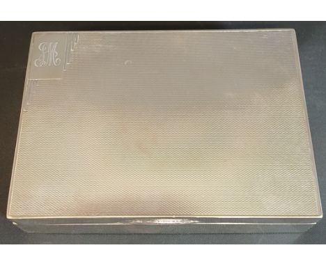 Mappin &amp; Webb silver cigarette box, London 1935 with Art Deco engine turned decoration and initials to lid, 12.5cm w x 9c