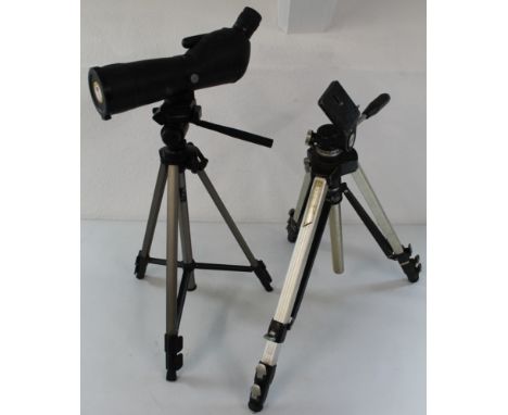 Extending Tripod with an Owim spotterscope 20 x 60 mounted and one other extendable tripod 50cm collapsed
