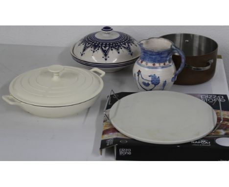 Le Creuset style enamel cooking pan 32cm, copper/steel cooking pan, pizza stone with rack - boxed, jug, and serving dish/bowl