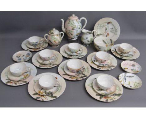 Chinese tea set with hand painted flower decoration comprising teapot with bamboo design handle, milk jug, sugar bowl, lidded