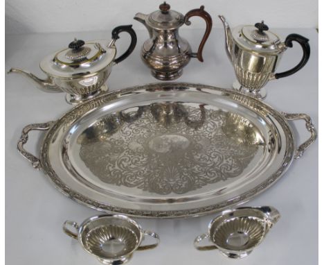 Silver plate tray with silver plate coffee pot, teapot, sugar and milk, plus one other silver plate coffee pot