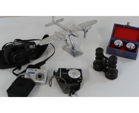 Mixed lot of three cameras (Lumix Mega LCD, Vivitar Vivicam 7310 LCD, Pentax 105R 35mm), aluminium aeroplane on stand, pair b
