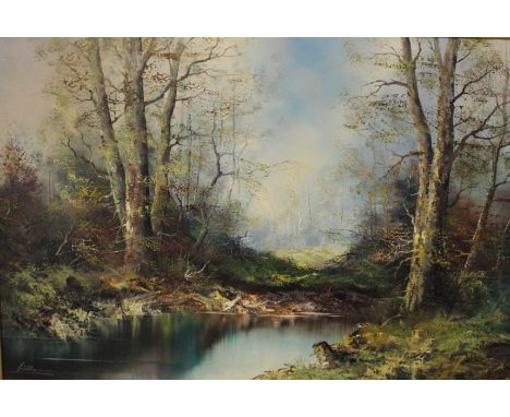 Large oil on canvas depicting stream, signed Hillman (born Bavaria 1938) 100cm x 70cm