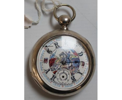 American coin silver open face pocket watch, Foggs patent Waltham, signed P J Bartlett with "Grand Army" dial. Second hand ha