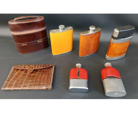 Whisky &amp; Cognac flasks in Italian leather case, leather wallet, hip flask with tot cups and four other hip flasks