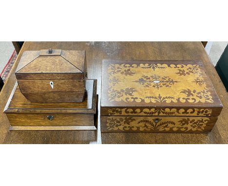 Inlaid Victorian writing slope (missing its interior), Georgian tea caddy &amp; a sewing box with contents