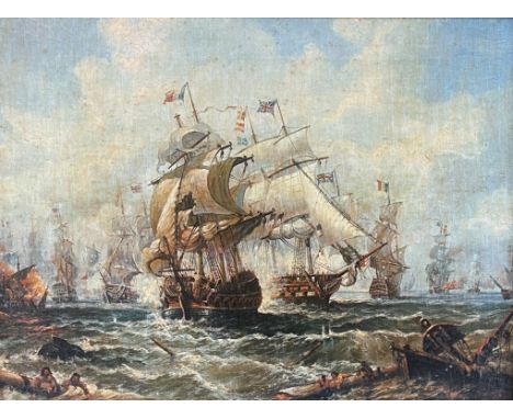 Framed oleograph of a naval battle scene, "Higgins and Bowers Tower Bridge Road London" printed on reverse of canvas. Frame s