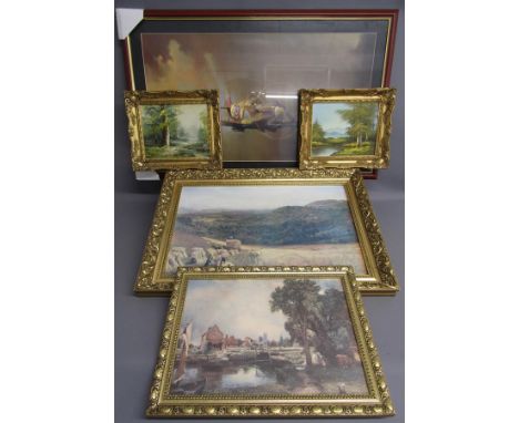 2 framed oils on board and 3 framed prints includes woodland scene oils one signed T Williams, Barrie A.F Clark Spitfire prin