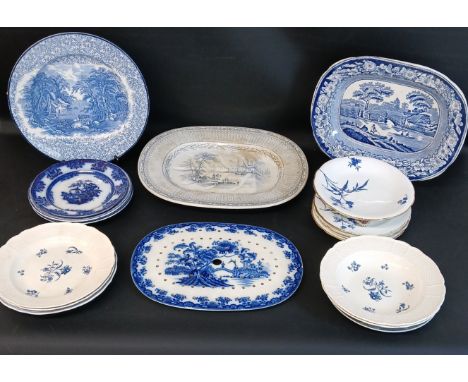 19th century Wedgwood blue &amp; white mazarine, Wild Rose meat plate, Brownfield &amp; Son meat dish with gravy well and var
