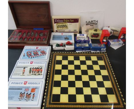 Greek style metal chess set with large chess board, 4 white metal army mould kits, woodworking set and basswood carving block