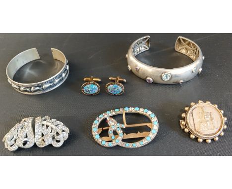 Two silver bangles, snake buckle, religious brooch, diamante dress clip &amp; pair of abalone set cufflinks