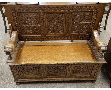 1930's carved oak monks bench L 121cm W 51cm