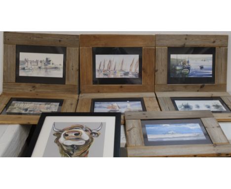 Group of six prints of coastal scenes 52cm x 44cm and Steven Brown style cow print 46cm x 46cm