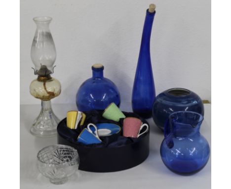 Royal Worcester coffee can collection "In Celebration of HRH 80th Birthday", various blue glass bottles &amp; jugs, paraffin 