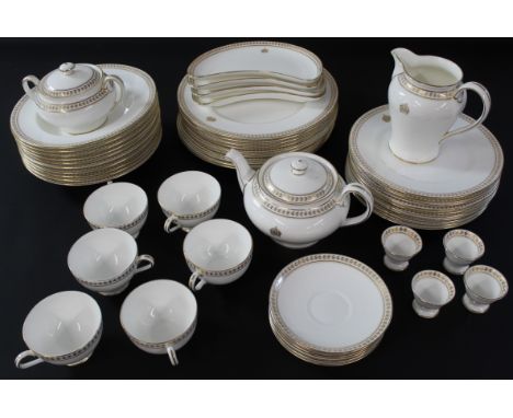 Minton S-104 bone china part dinner service to include 10 plates 23cm, 10 Plates 27cm, 6 saucers, 10 soup bowls 23cm, 4 side 