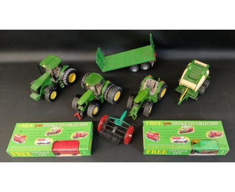 Britains Ertle John Deere tractor, 2 Siku tractors, trailer &amp; baler, 2 x Typhoo Tea vintage vans etc.
